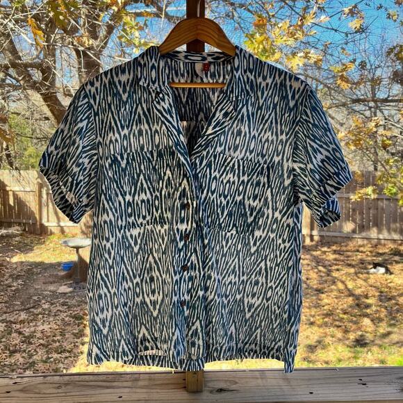 Anthropologie Pilcro Printed Voile Surf Button Front Shirt Blue Ikat Size M - Picture 1 of 7